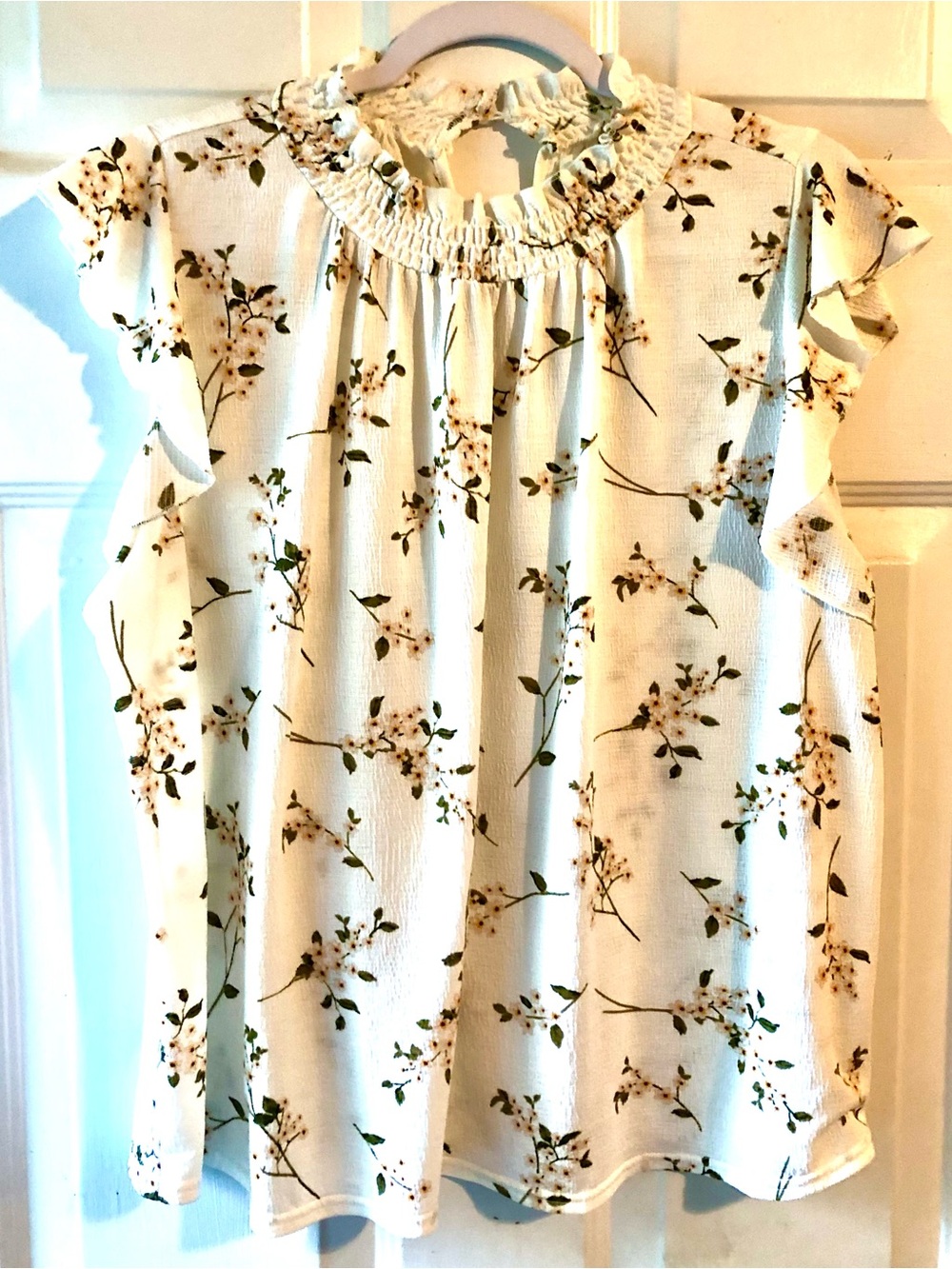 Melloday Cream Olive Peach Standup Shirred Neck Ruffle Flutter Sleeve Blouse XL